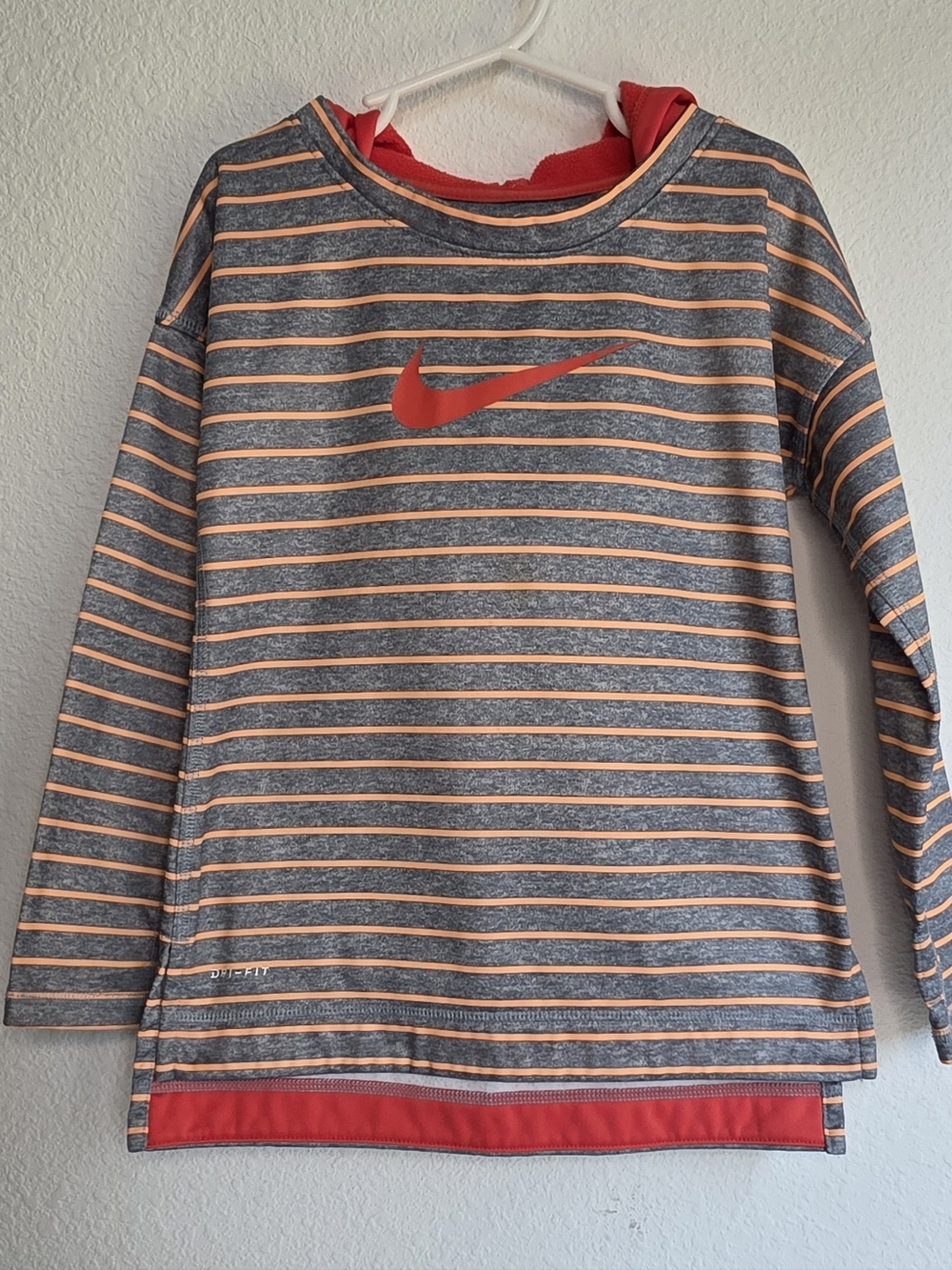 Nike Kids Dri-fit Gray & Orange Striped Long Sleeve Top with Coral Colored Logo